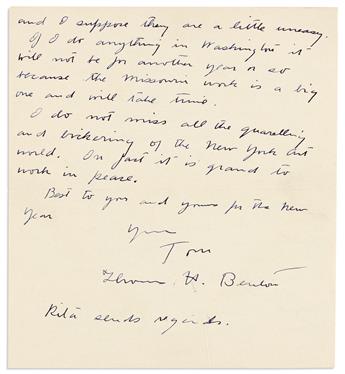 BENTON, THOMAS HART. Group of 17 items Signed, or Inscribed and Signed, Thomas H. Benton or Tom or T, to collector Hyman Cohen, i